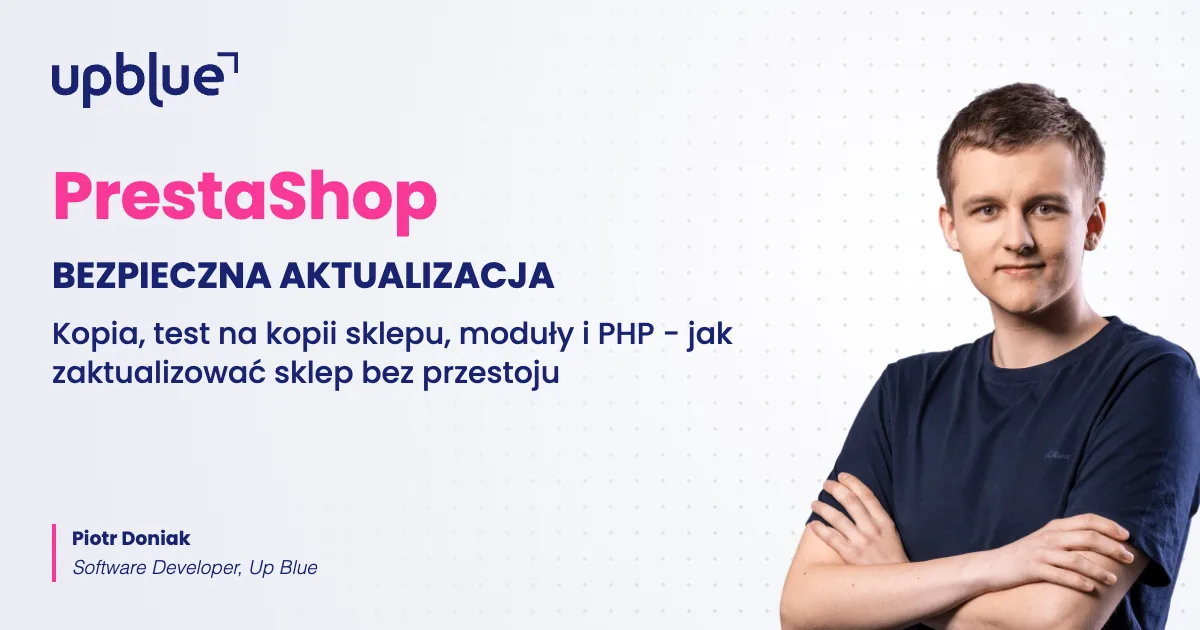 Aktualizacja PrestaShop - okładka poradnika, autor Piotr Doniak, Up Blue