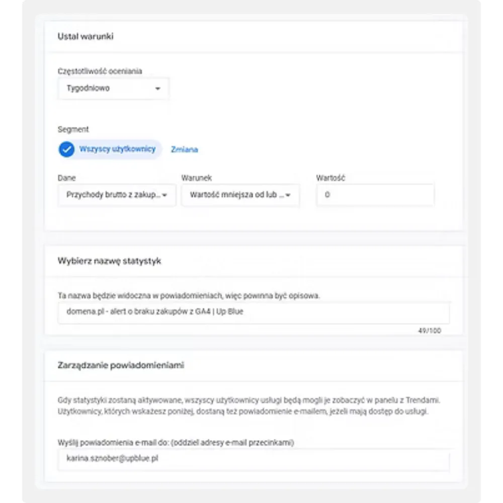 Konfiguracja alertu o braku przychodów z zakupów w GA4