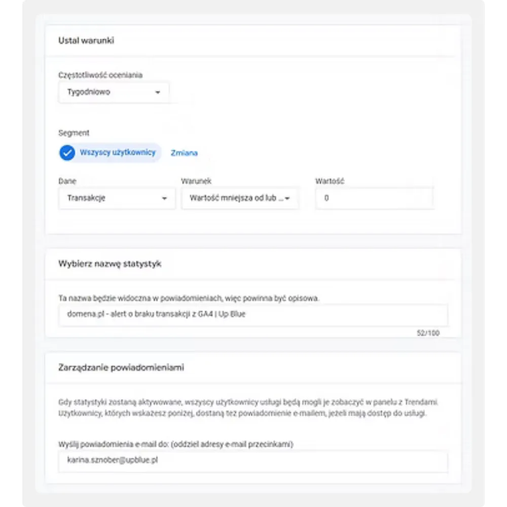 Konfiguracja alertu o braku transakcji w GA4