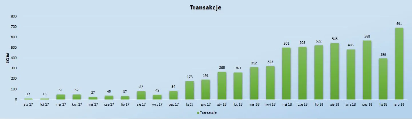 Miesięczna liczba transakcji w sklepie babyboutik.pl od stycznia 2017 do grudnia 2018 roku (źródło: Google Analytics)