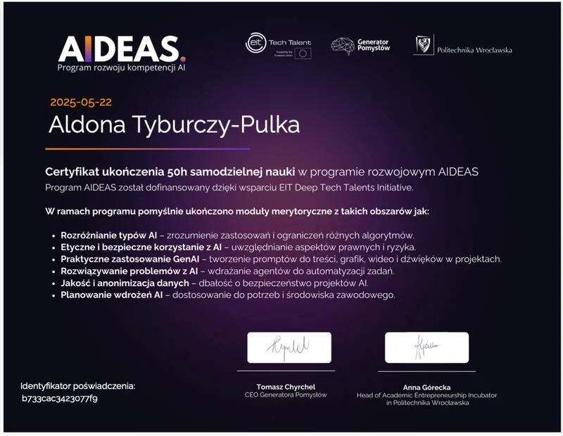 Certyfikat AIDEAS - Aldona Tyburczy-Pulka