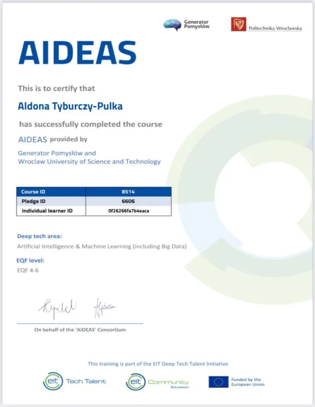Certyfikat AIDEAS - Aldona Tyburczy-Pulka