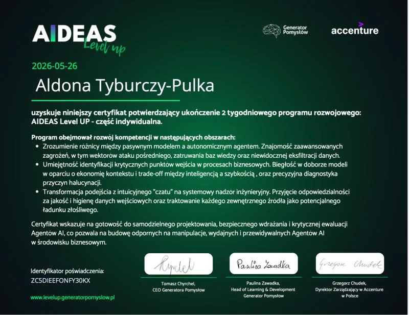 Certyfikat AIDEAS Level UP - Aldona Tyburczy-Pulka